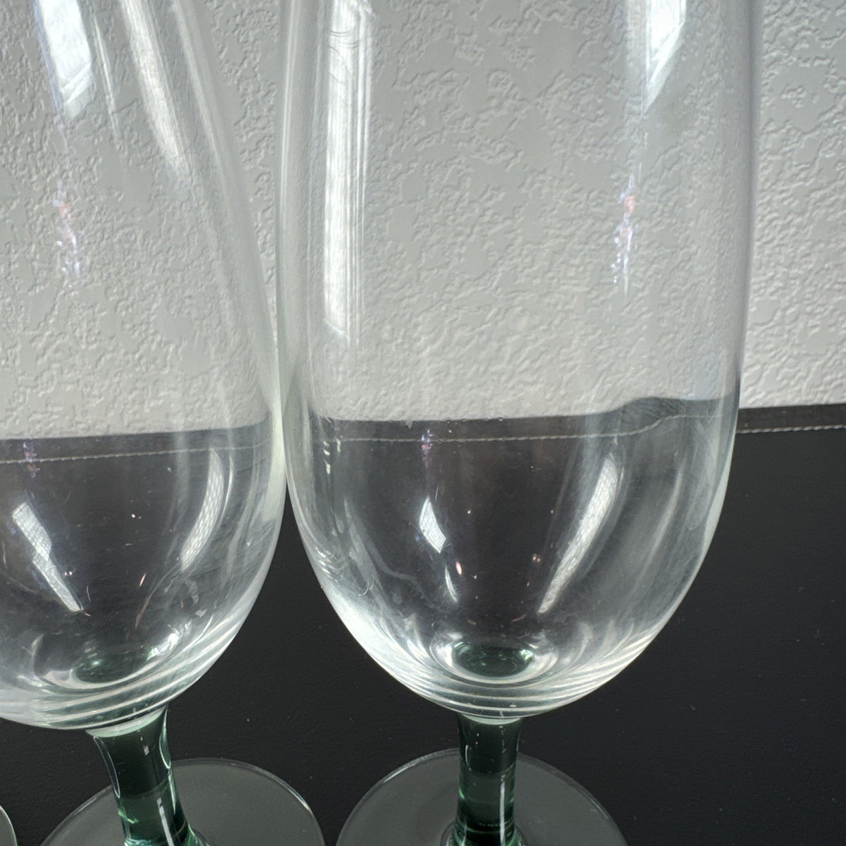 Set of 3 vintage Luminarc French wine glasses with emerald green stems and clear tulip bowls