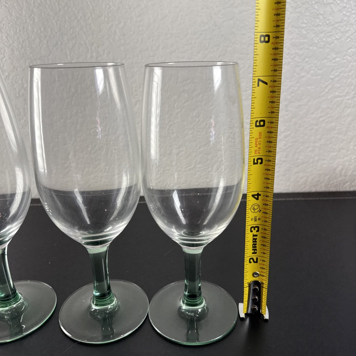 Set of 3 vintage Luminarc French wine glasses with emerald green stems and clear tulip bowls