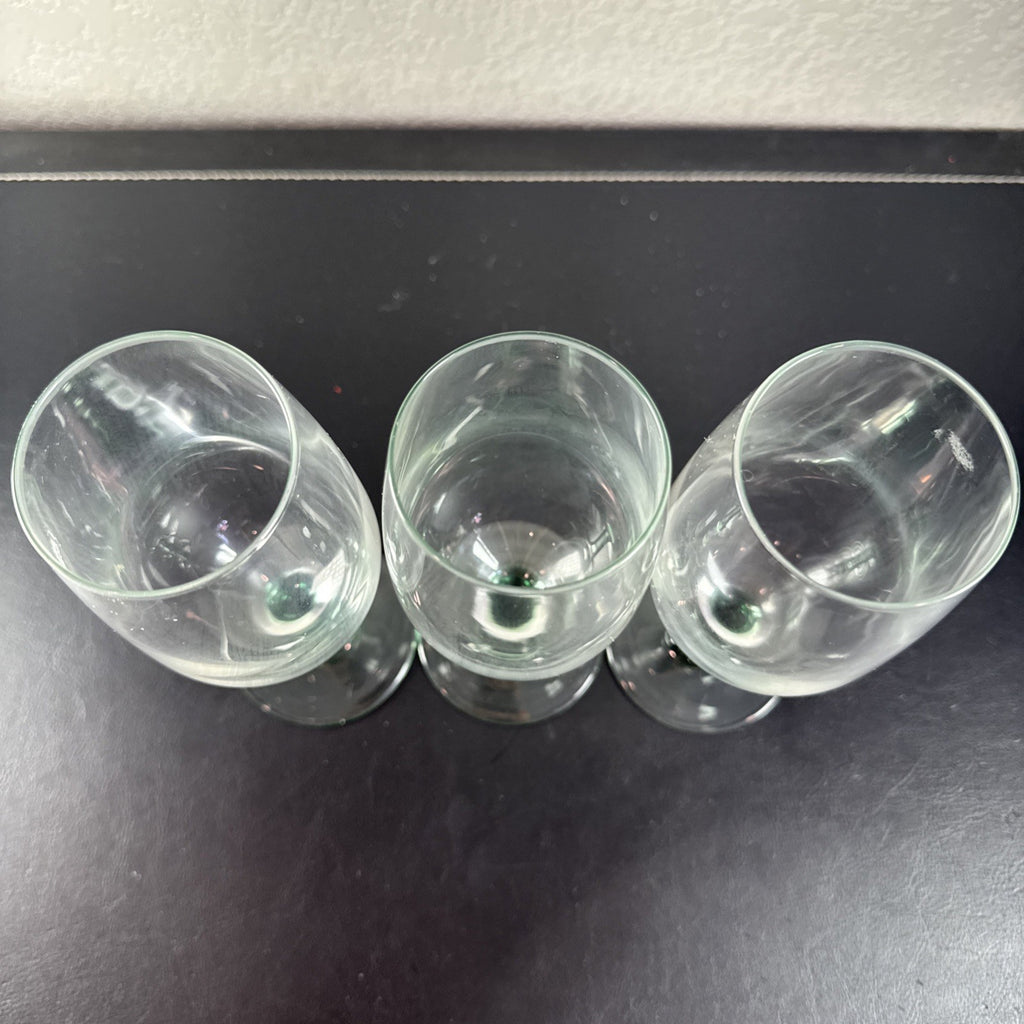Set of 3 vintage Luminarc French wine glasses with emerald green stems and clear tulip bowls