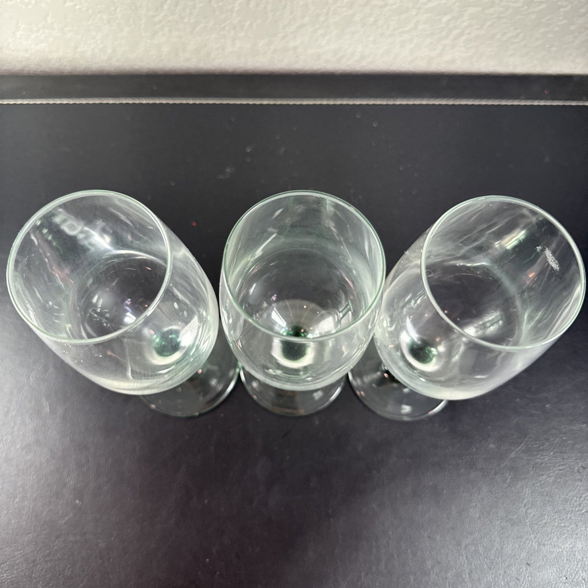 Set of 3 vintage Luminarc French wine glasses with emerald green stems and clear tulip bowls