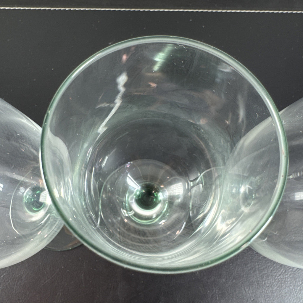 Set of 3 vintage Luminarc French wine glasses with emerald green stems and clear tulip bowls