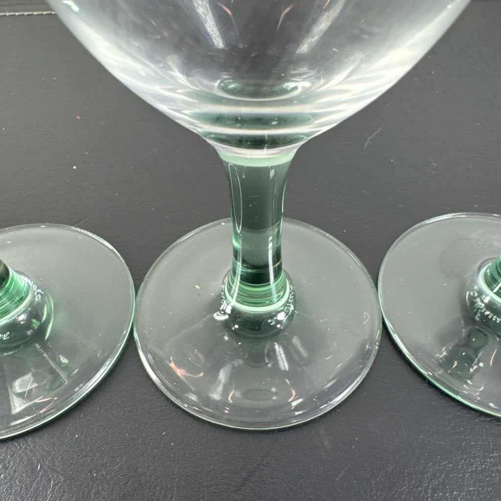 Set of 3 vintage Luminarc French wine glasses with emerald green stems and clear tulip bowls