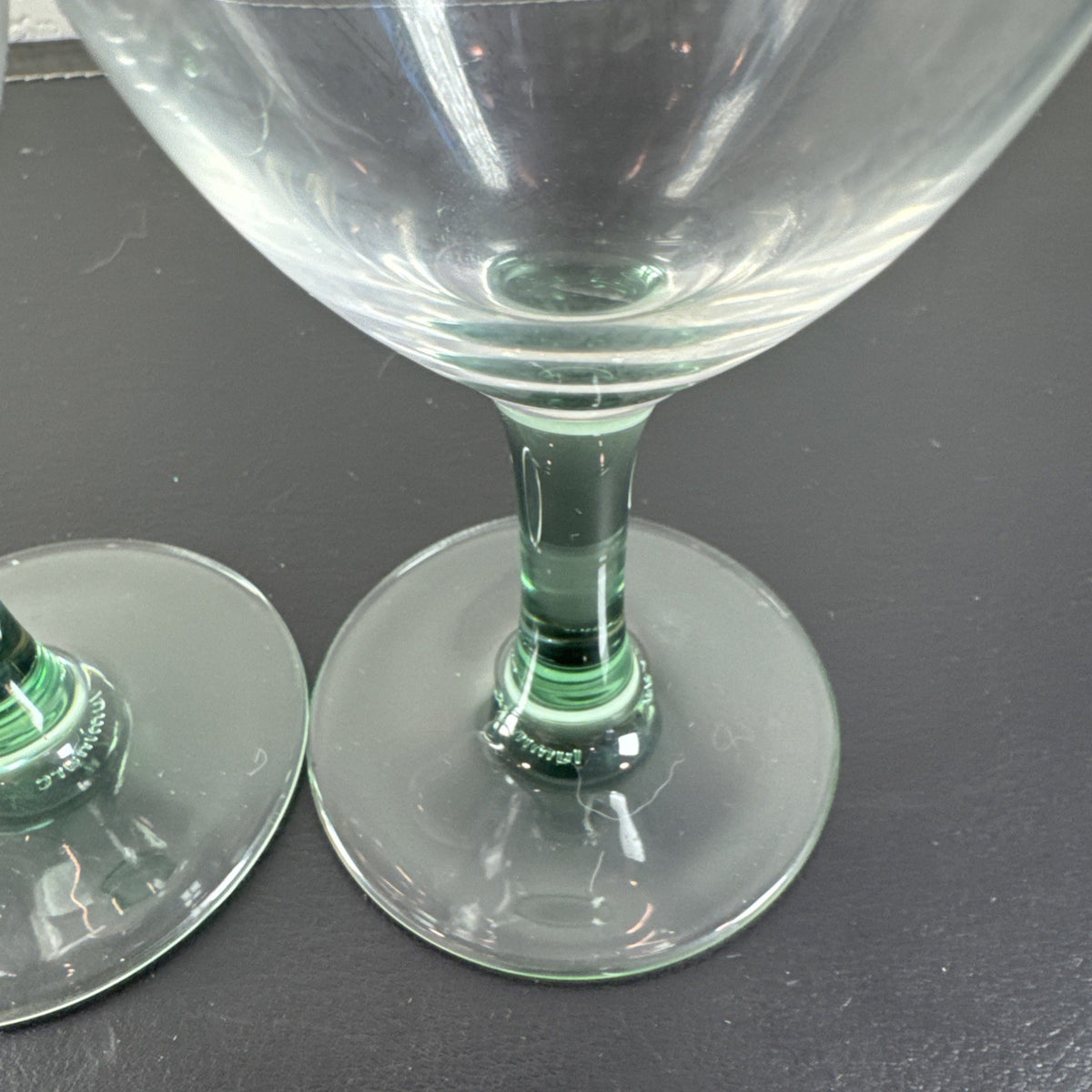 Set of 3 vintage Luminarc French wine glasses with emerald green stems and clear tulip bowls
