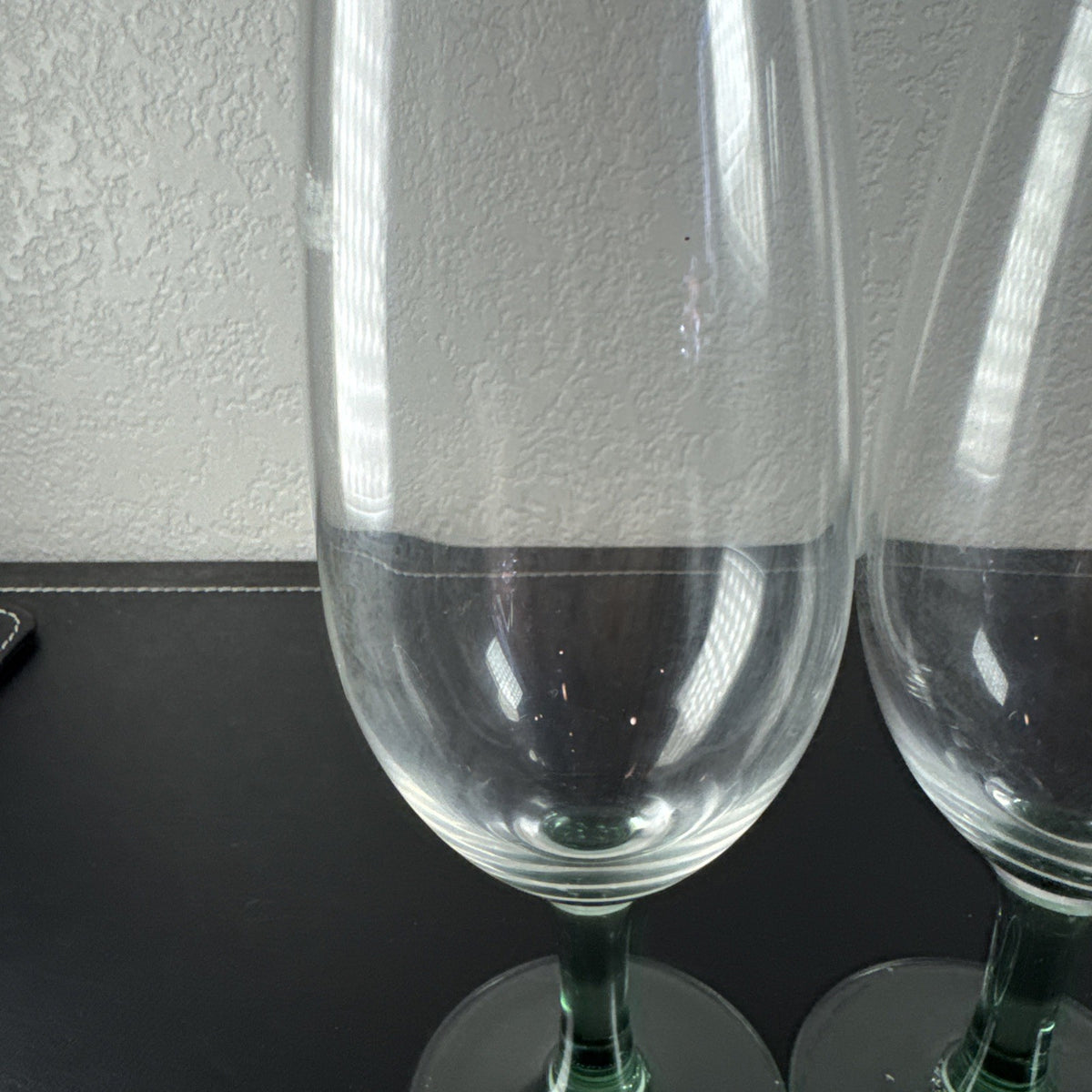 Set of 3 vintage Luminarc French wine glasses with emerald green stems and clear tulip bowls