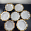 Set of 7 Sango Georgetown fine china 8.5-inch rim soup bowls featuring gold trim, made in Japan.