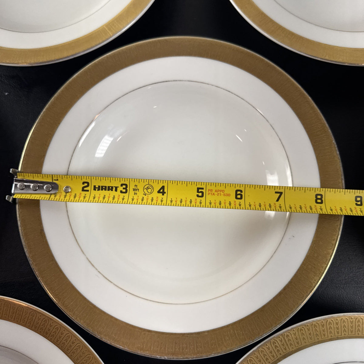 Set of 7 Sango Georgetown fine china 8.5-inch rim soup bowls featuring gold trim, made in Japan.