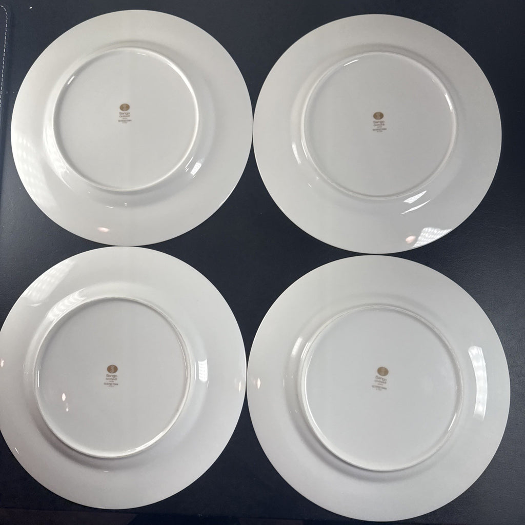 Set of 4 vintage Sango Georgetown pattern 3755 fine china dinner plates with heavy gold trim, 10.5 inch diameter.