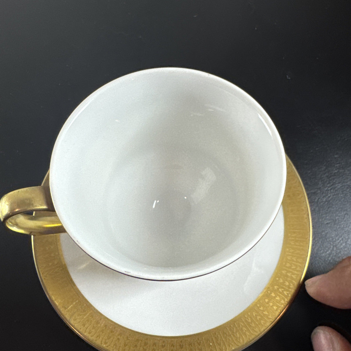 Sango Georgetown fine china teacup and saucer set of 2 featuring white porcelain with gold encrusted border trim.