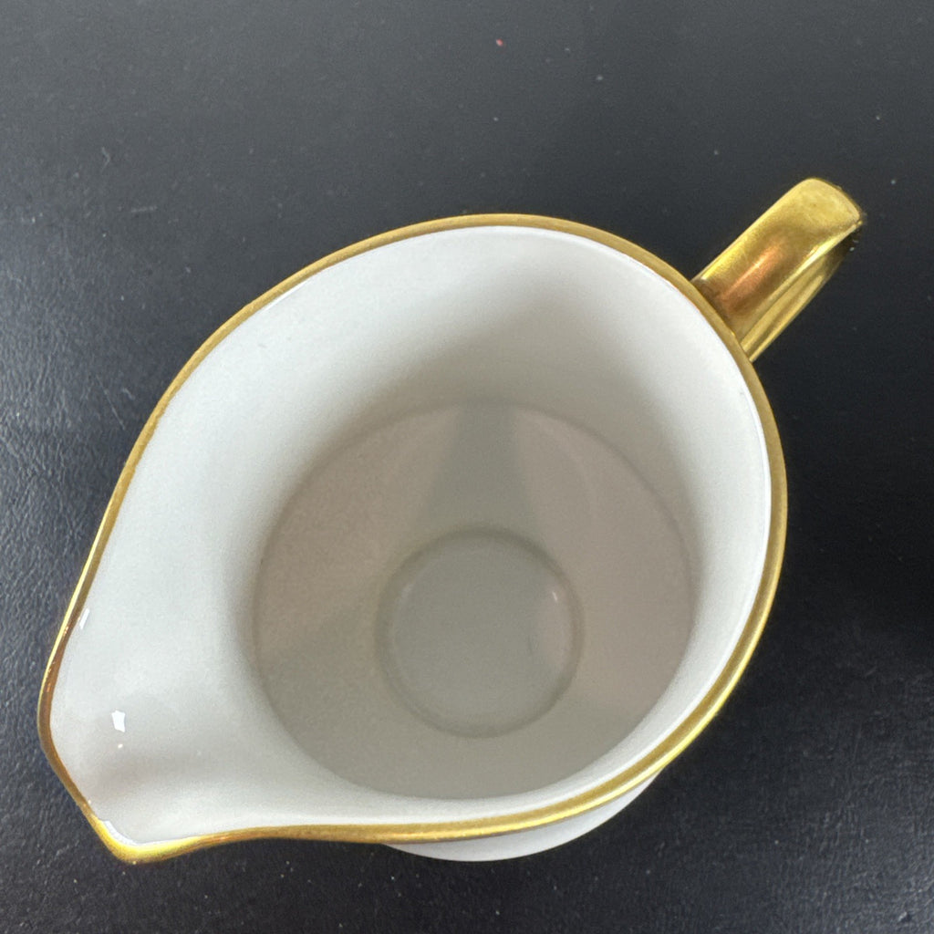 Sango Georgetown pattern 3755 fine china creamer pitcher and covered sugar bowl set with gold handles and trim.