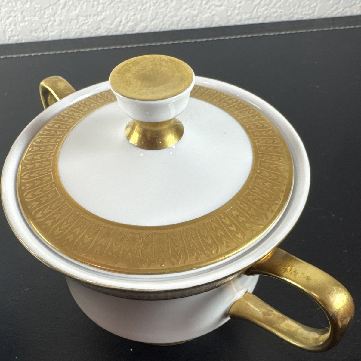 Sango Georgetown pattern 3755 fine china creamer pitcher and covered sugar bowl set with gold handles and trim.