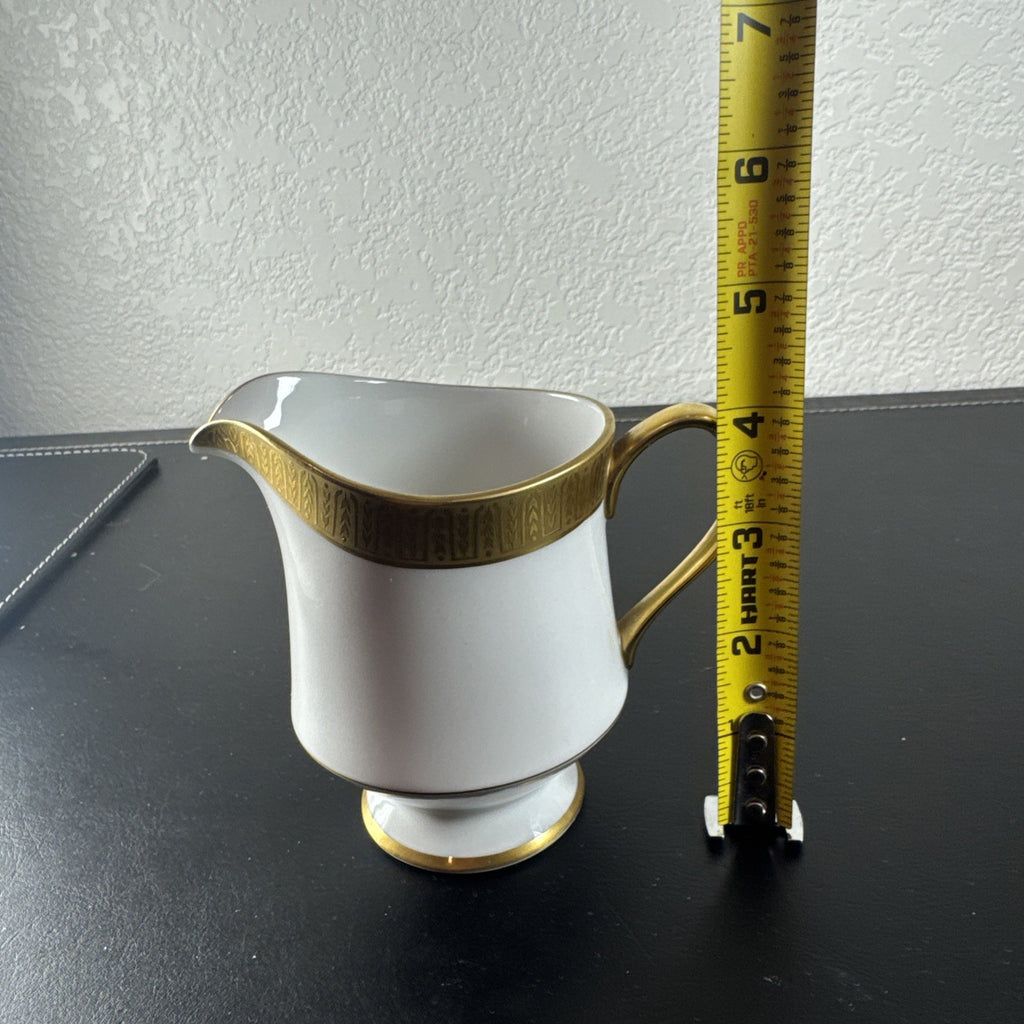 Sango Georgetown pattern 3755 fine china creamer pitcher and covered sugar bowl set with gold handles and trim.