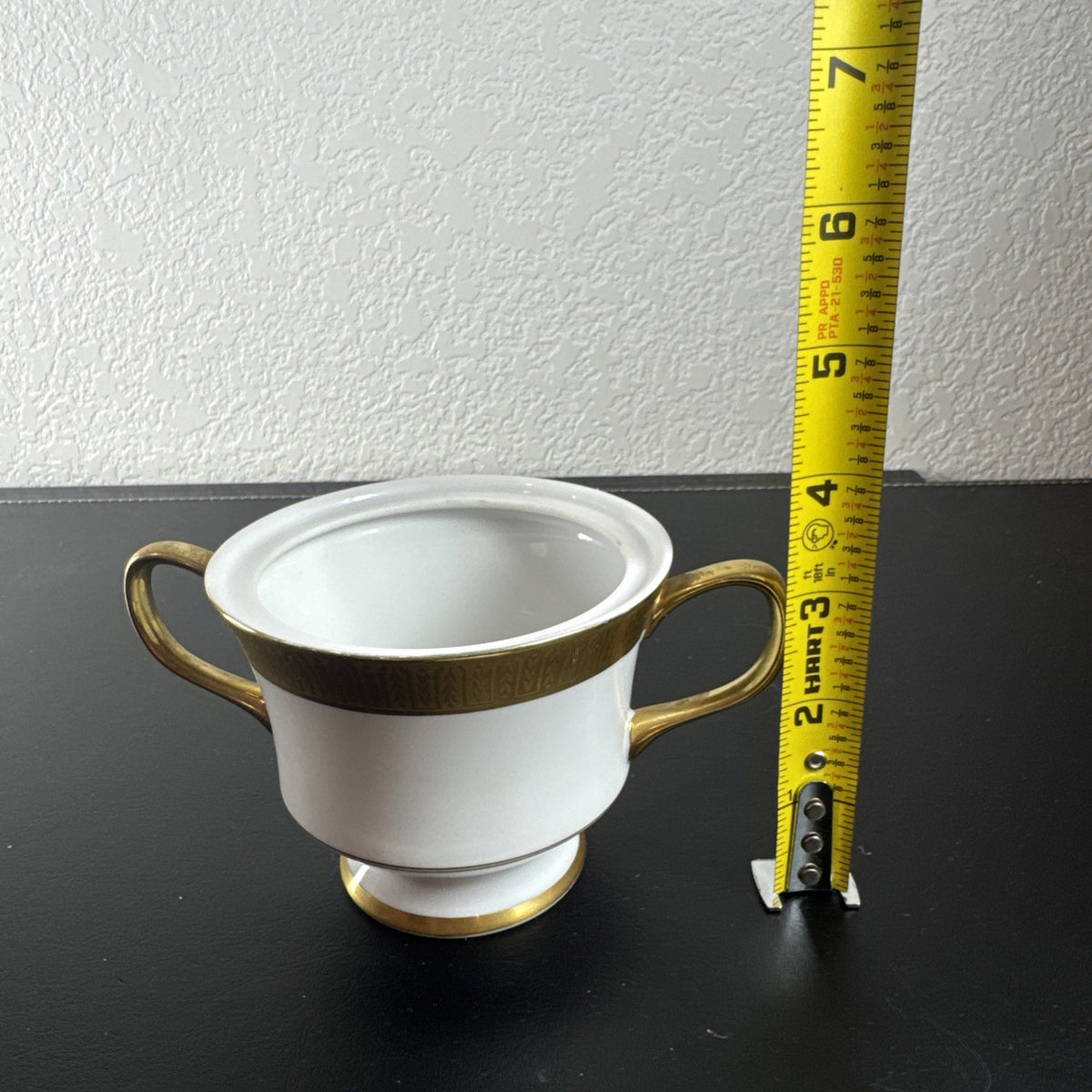 Sango Georgetown pattern 3755 fine china creamer pitcher and covered sugar bowl set with gold handles and trim.