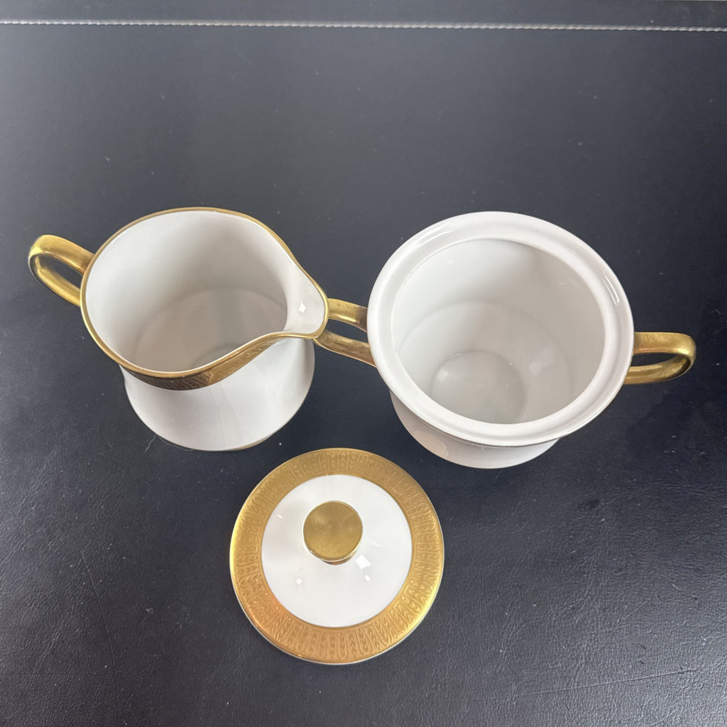 Sango Georgetown pattern 3755 fine china creamer pitcher and covered sugar bowl set with gold handles and trim.