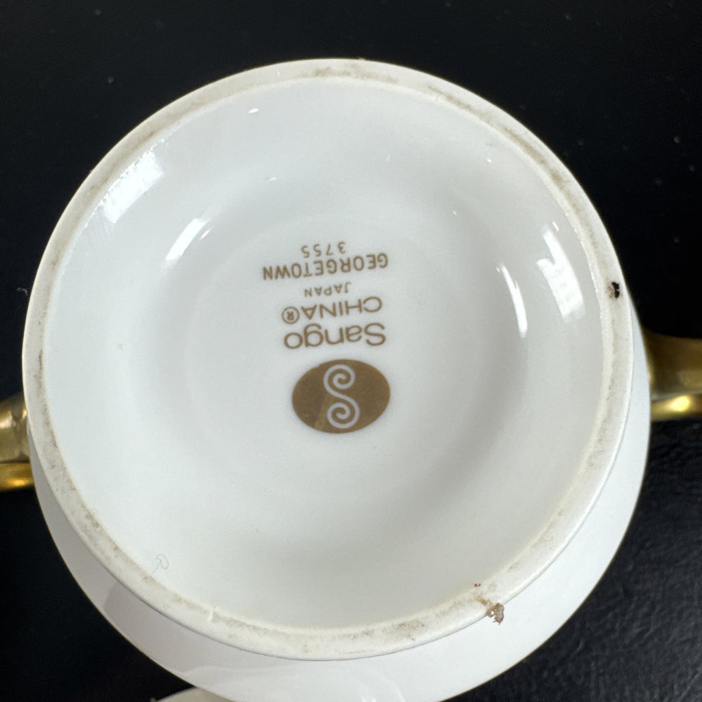 Sango Georgetown pattern 3755 fine china creamer pitcher and covered sugar bowl set with gold handles and trim.