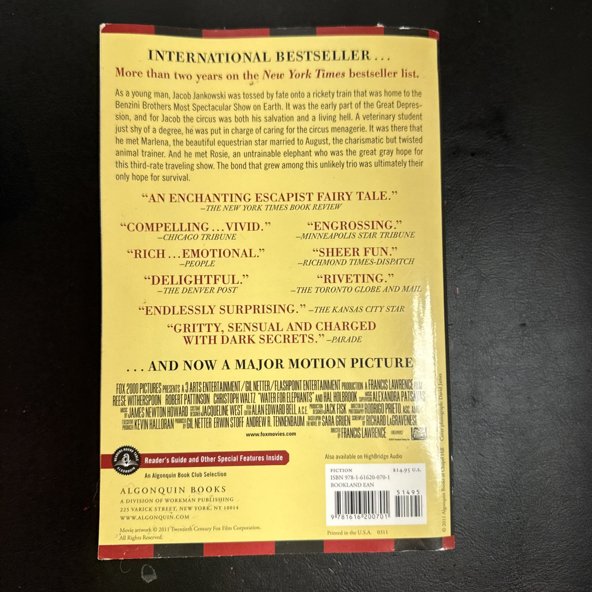 Front cover of Water for Elephants movie tie-in paperback by Sara Gruen with unverified Robert Pattinson signature.