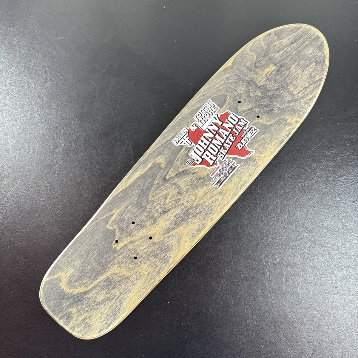 Johnny Romano Skate Jam 16-inch promotional mini skateboard deck featuring intact event graphics and stained wood grain.