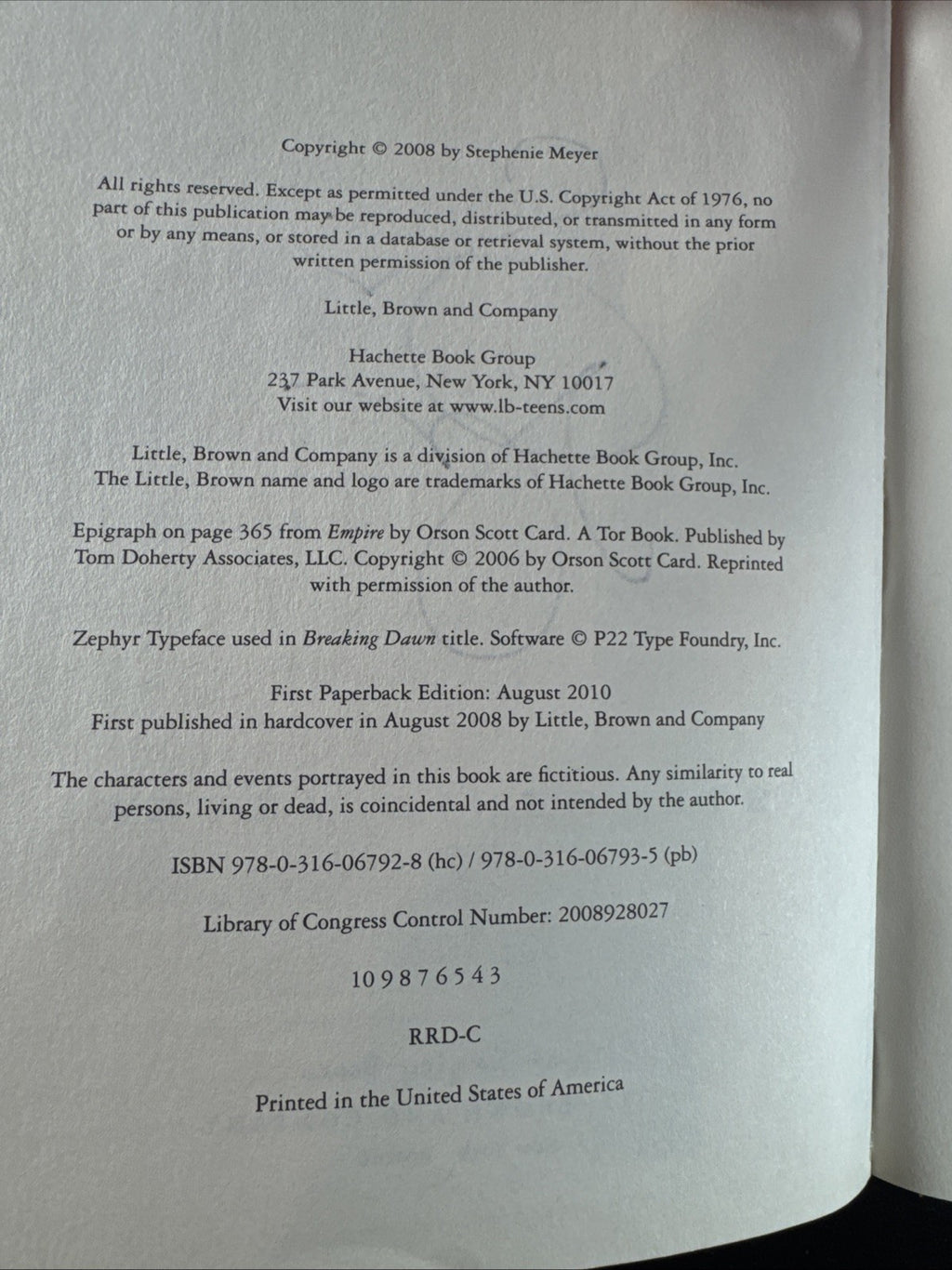 Signed title page of Breaking Dawn paperback edition by Stephenie Meyer