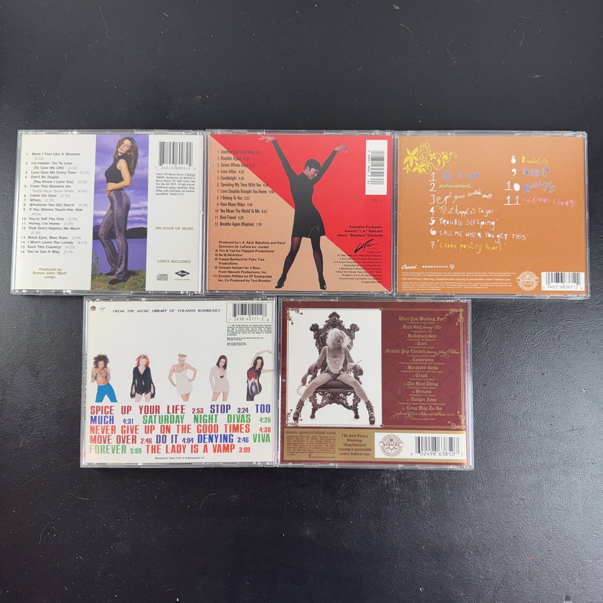 5-CD lot of pop albums including Shania Twain, Spice Girls, Gwen Stefani, Toni Braxton, and Corinne Bailey Rae.