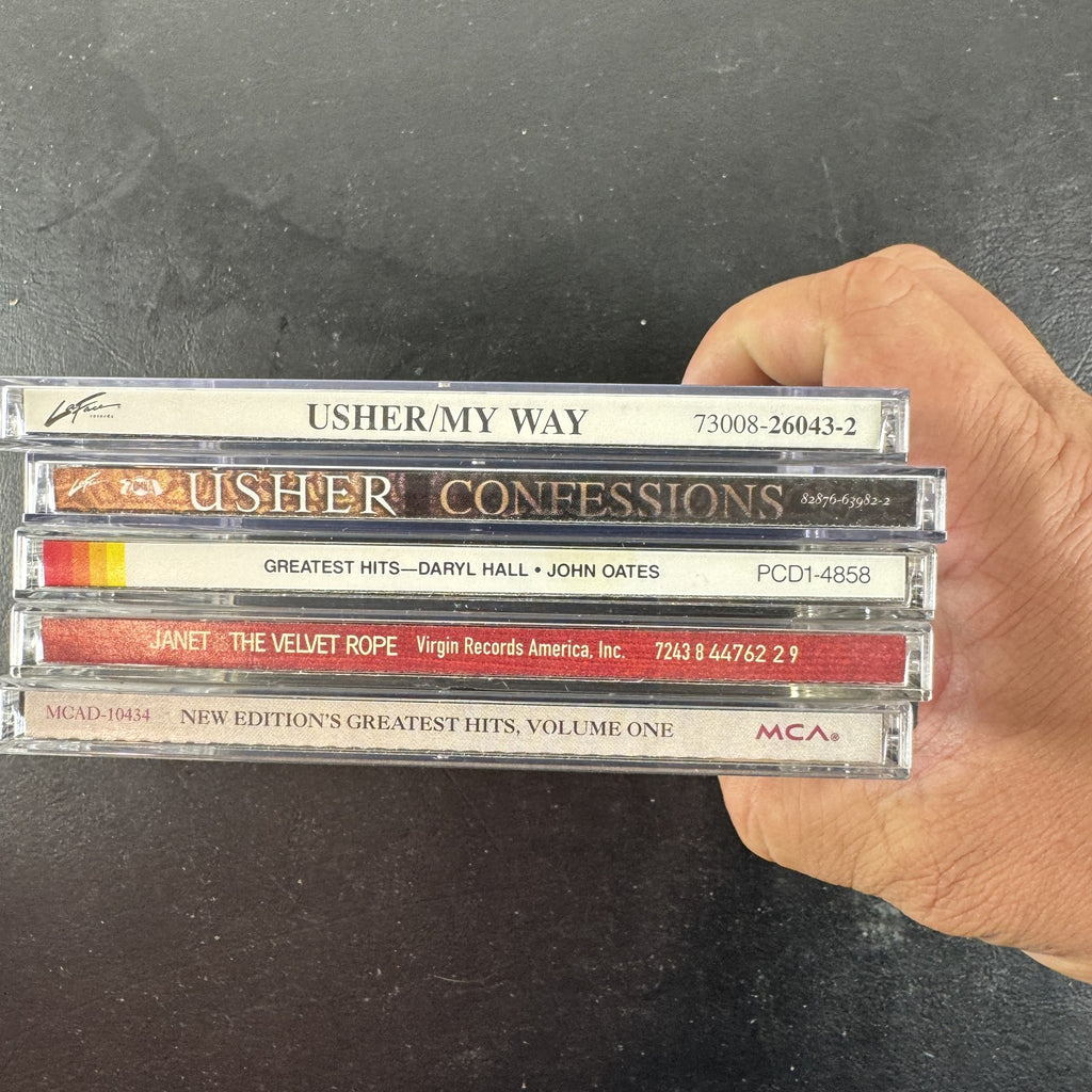 Set of 5 classic R&B and pop CD albums including Usher Confessions and Janet Jackson The Velvet Rope