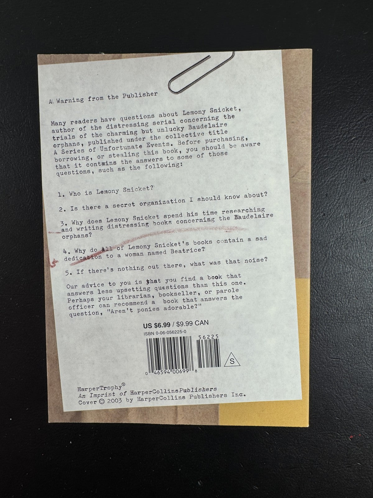 Cover of Lemony Snicket: The Unauthorized Autobiography 2002 paperback companion book to A Series of Unfortunate Events.