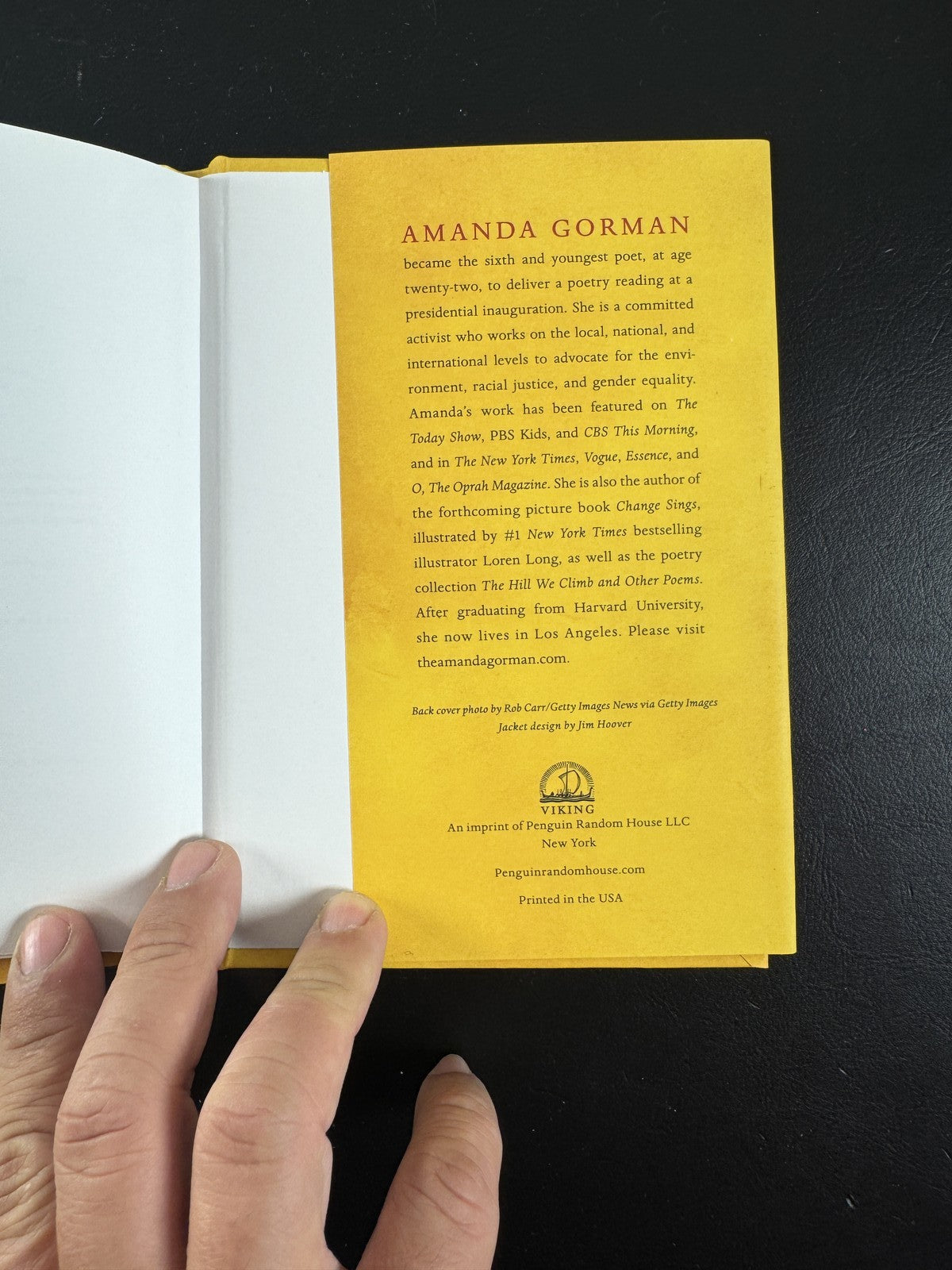 Front cover of Amanda Gorman's hardcover poetry book, The Hill We Climb, 2021 Viking first edition.