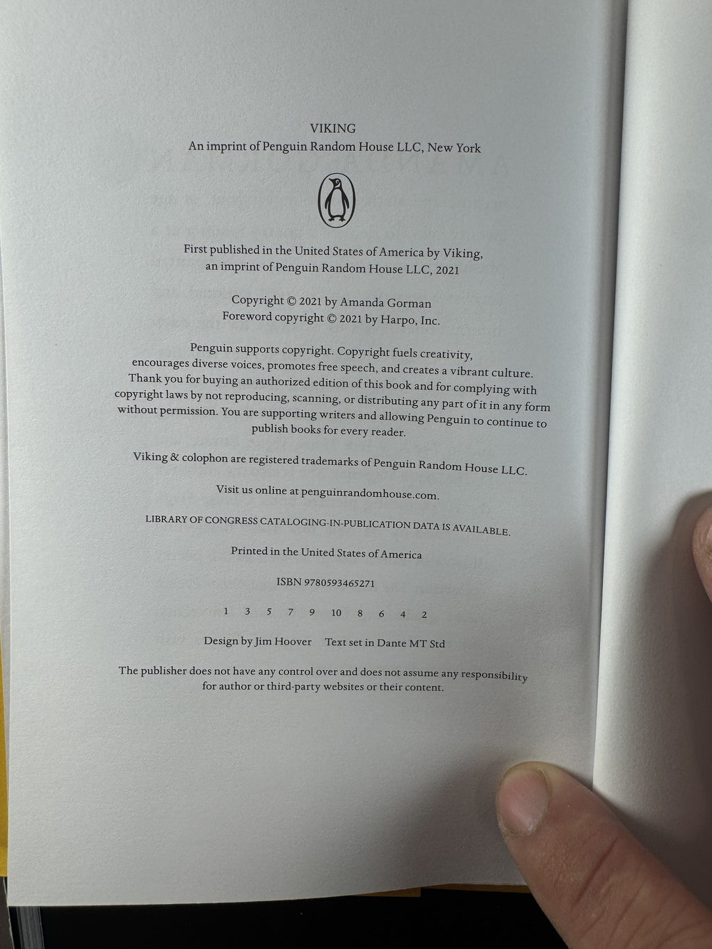 Front cover of Amanda Gorman's hardcover poetry book, The Hill We Climb, 2021 Viking first edition.