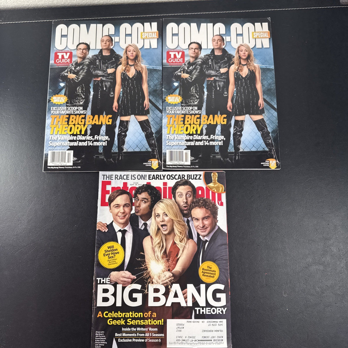 Set of 3 2012 Big Bang Theory magazines including two SDCC TV Guide specials and an Entertainment Weekly issue.