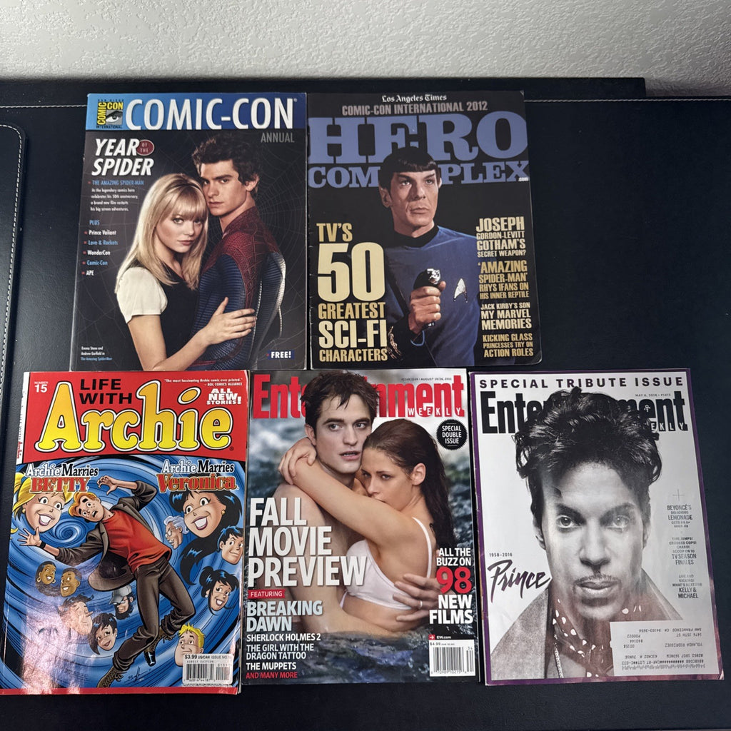 Lot of 5 pop culture magazines including Prince tribute, Twilight Entertainment Weekly, and Comic-Con Spider-Man covers.