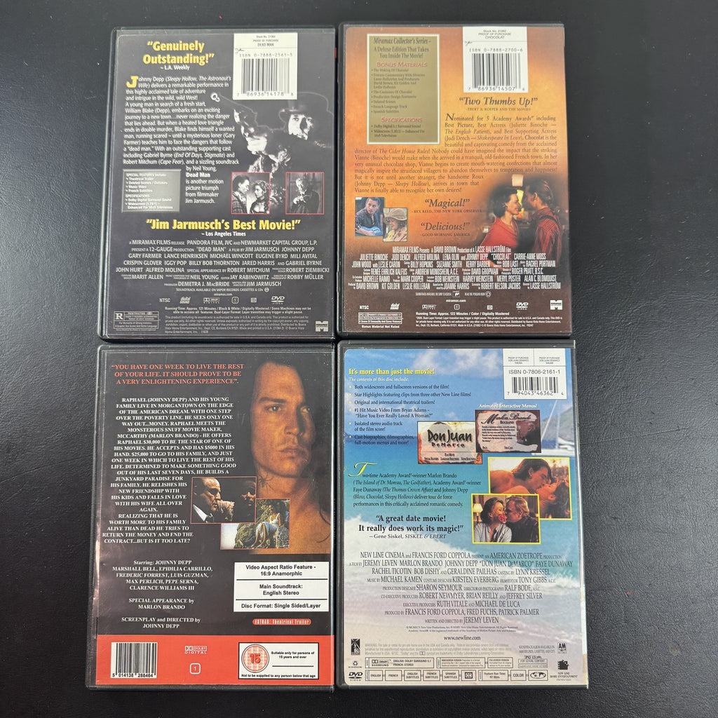 Johnny Depp 4-Film DVD Bundle featuring Dead Man, Chocolat, Don Juan DeMarco, and The Brave.