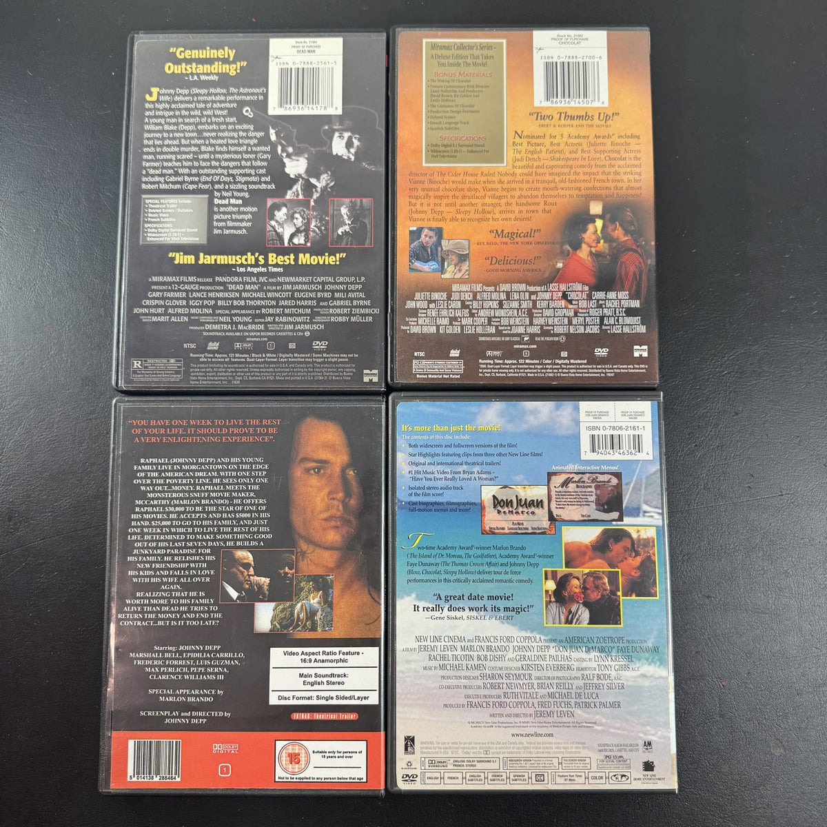 Johnny Depp 4-Film DVD Bundle featuring Dead Man, Chocolat, Don Juan DeMarco, and The Brave.