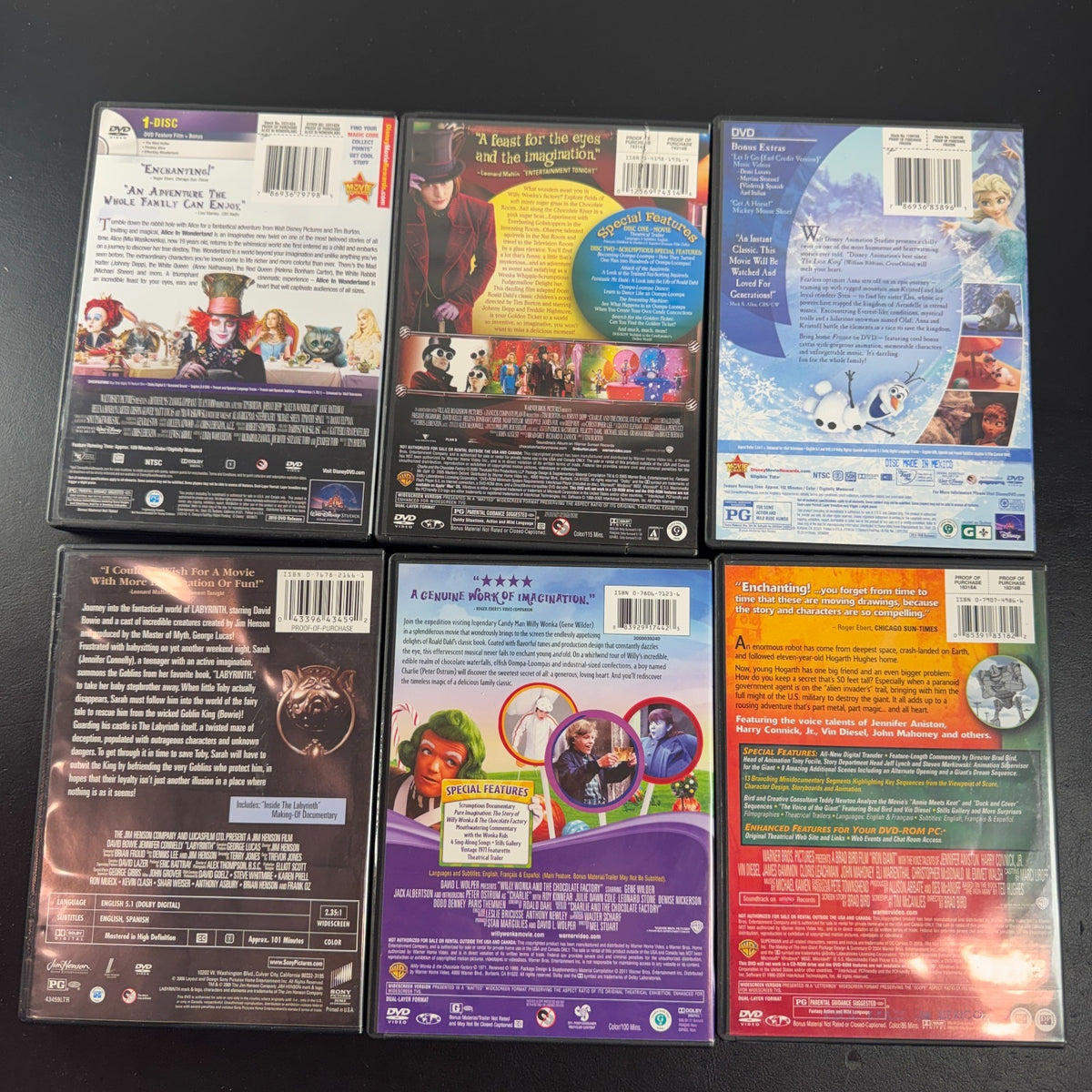 Set of 6 pre-owned family fantasy DVDs including Labyrinth, Frozen, The Iron Giant, and Alice in Wonderland