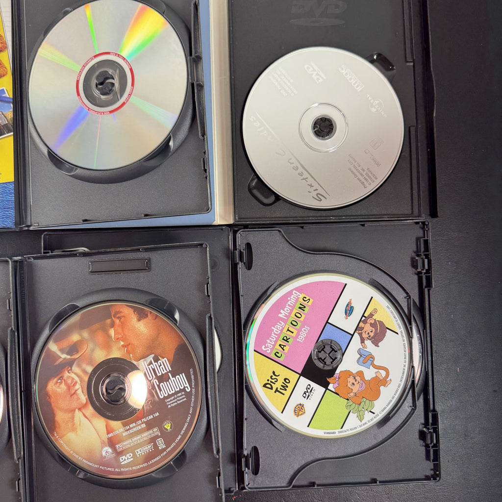 6-DVD movie lot including Sixteen Candles, Flashdance, Urban Cowboy, and Napoleon Dynamite