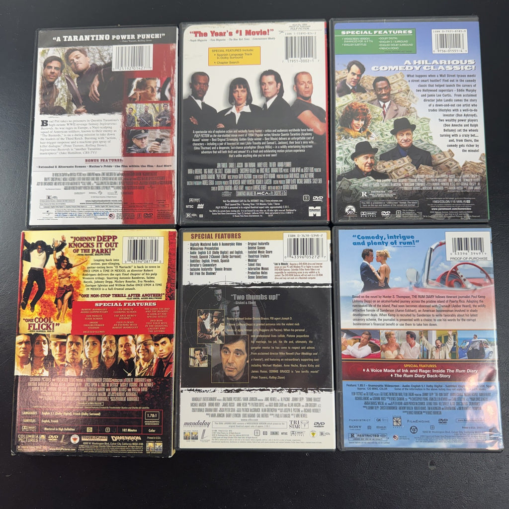 Collection of 6 DVD feature films including Pulp Fiction, Inglourious Basterds, and Donnie Brasco.