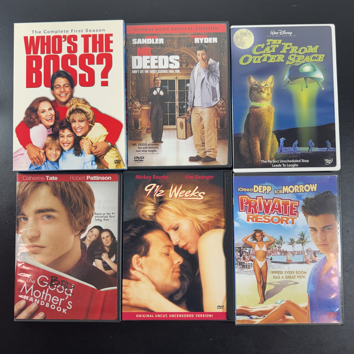 Collection of 6 pre-owned DVDs including Mr Deeds, Who's the Boss, 9 1/2 Weeks, and Private Resort