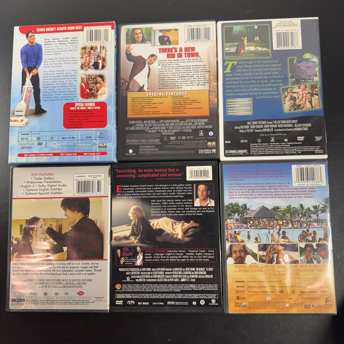 Collection of 6 pre-owned DVDs including Mr Deeds, Who's the Boss, 9 1/2 Weeks, and Private Resort