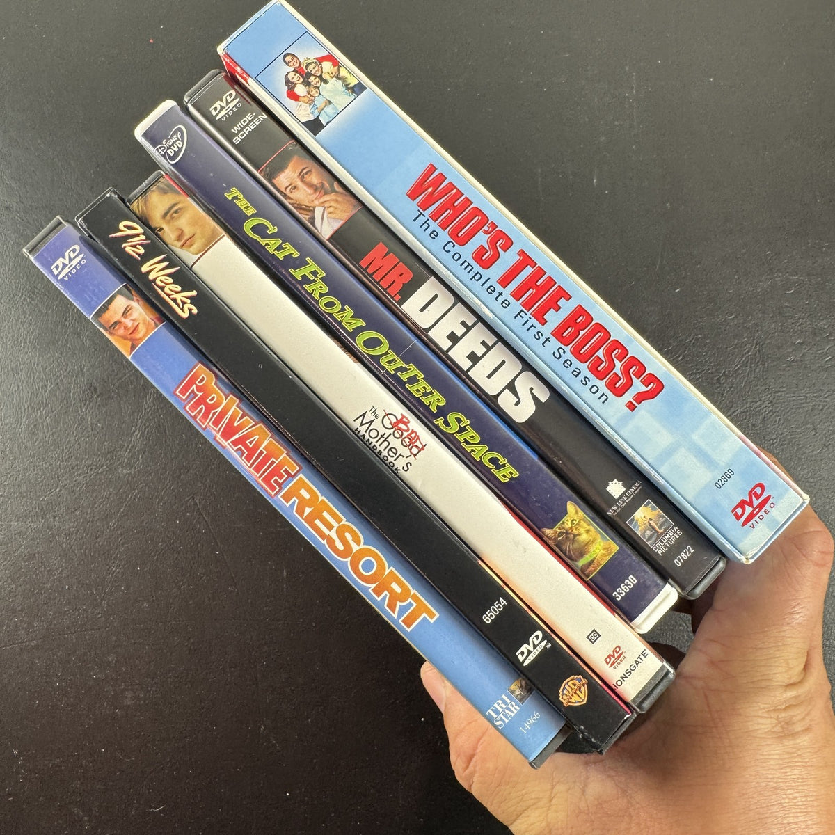 Collection of 6 pre-owned DVDs including Mr Deeds, Who's the Boss, 9 1/2 Weeks, and Private Resort