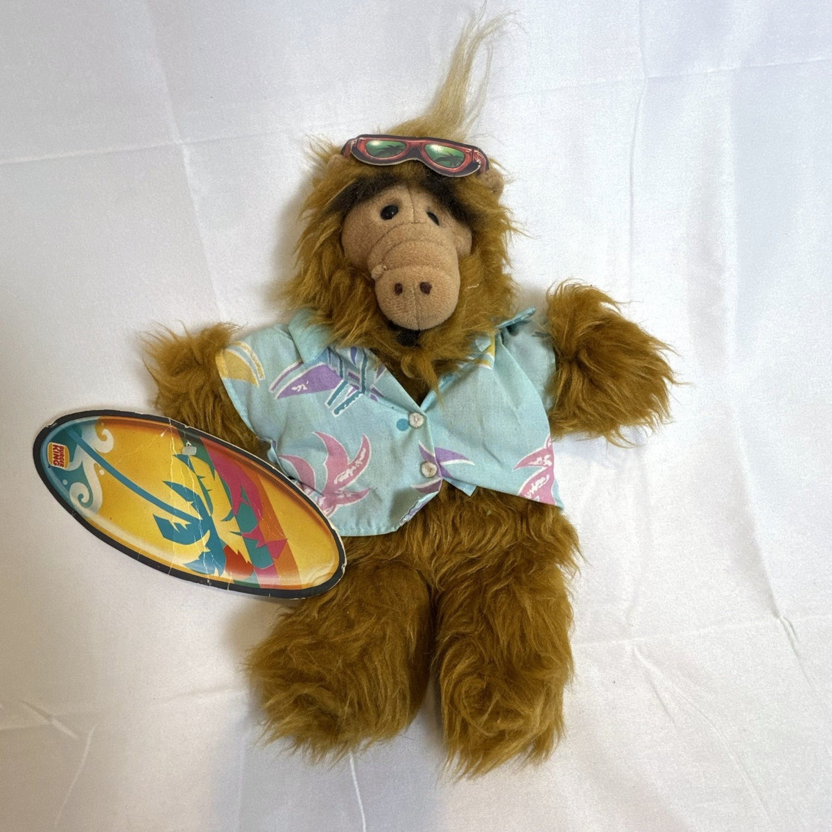 Vintage 1988 Burger King Alf hand puppet holding surfboard with original tags attached