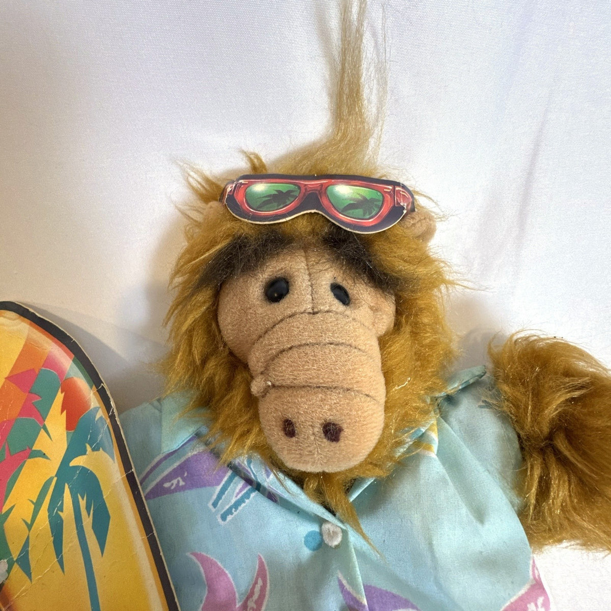 Vintage 1988 Burger King Alf hand puppet holding surfboard with original tags attached
