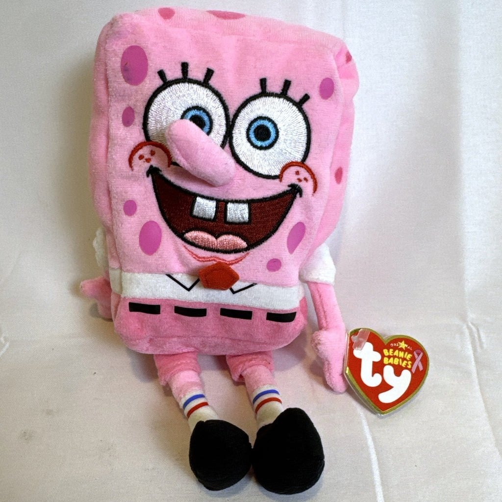 New Ty SpongeBob SquarePants Beanie Baby plush toy wearing pink pants for Breast Cancer Awareness.