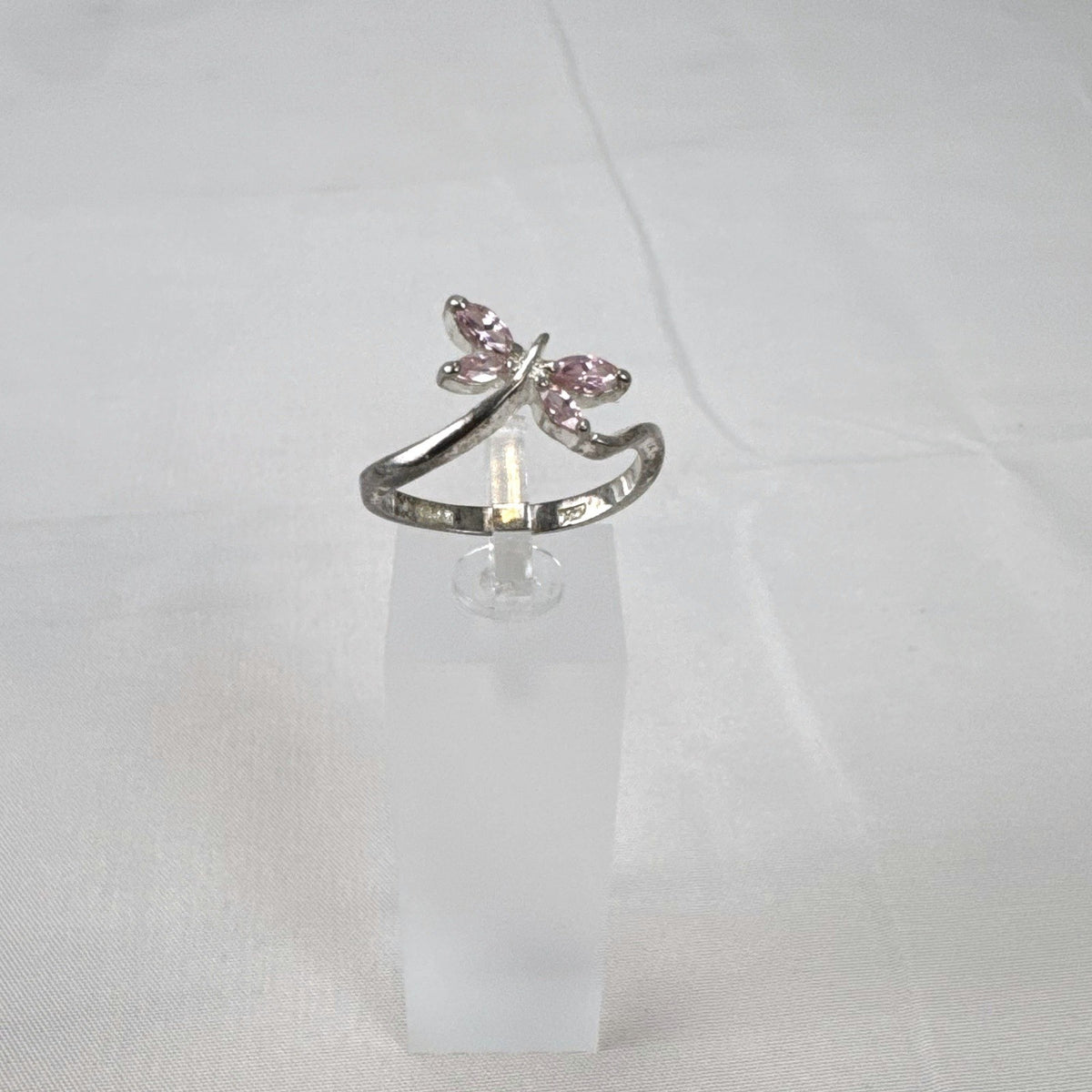 Sterling silver pink dragonfly bypass ring size 8 with marquise stones