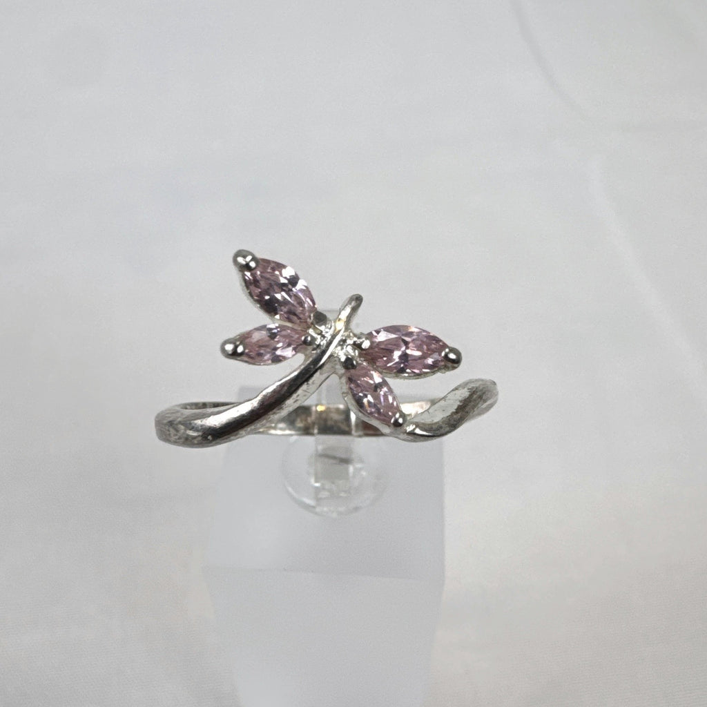 Sterling silver pink dragonfly bypass ring size 8 with marquise stones