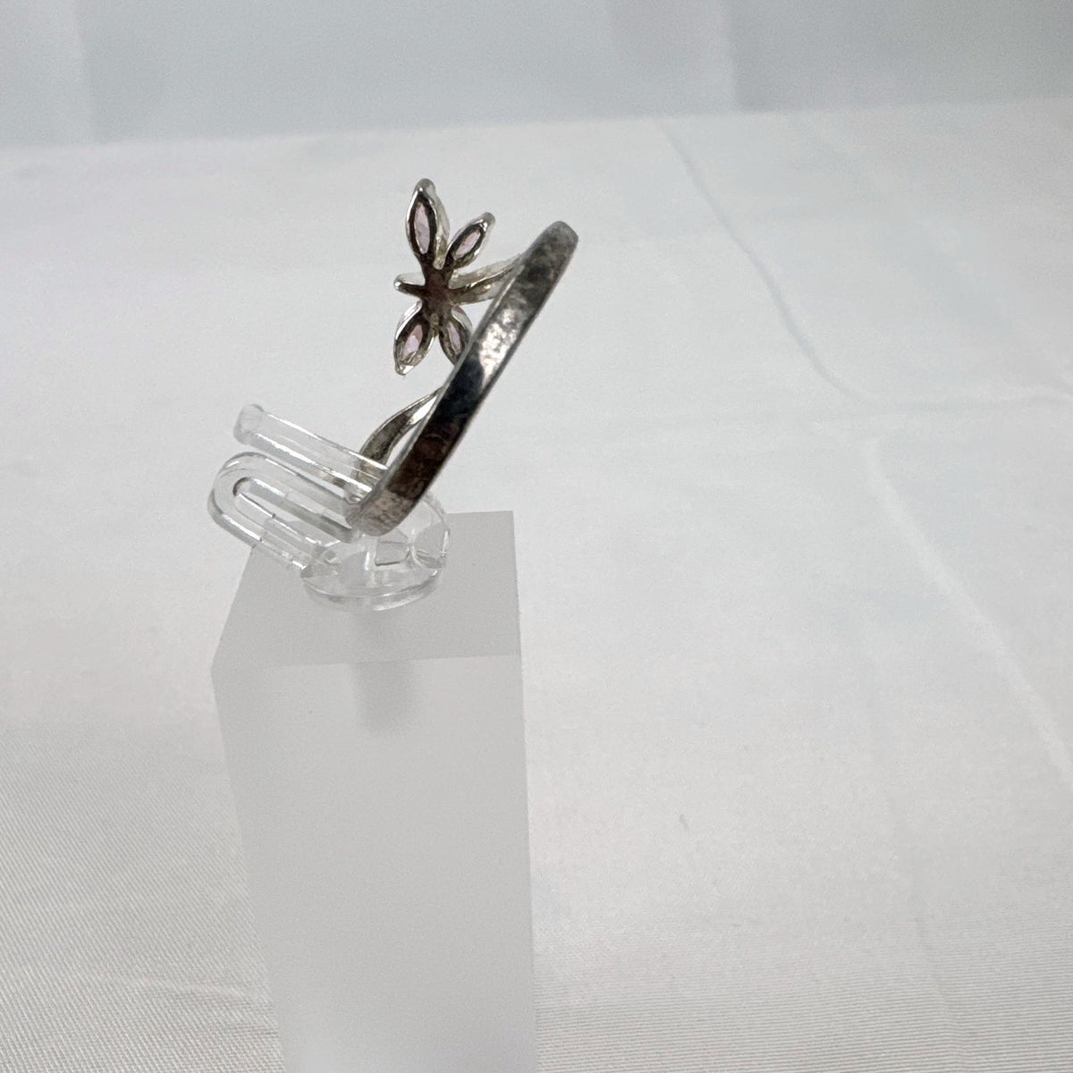 Sterling silver pink dragonfly bypass ring size 8 with marquise stones