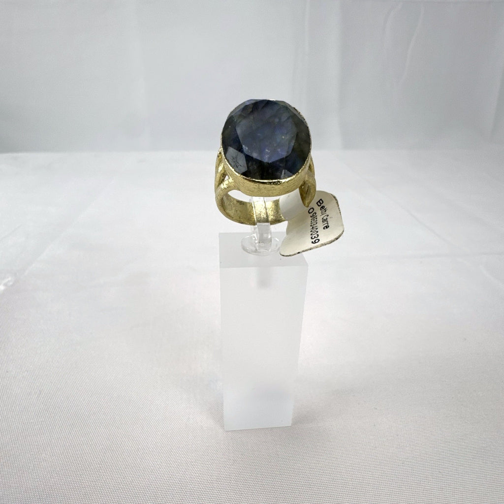 Betty Carré 18k gold plated statement ring with faceted oval labradorite stone and triple split shank in size 7