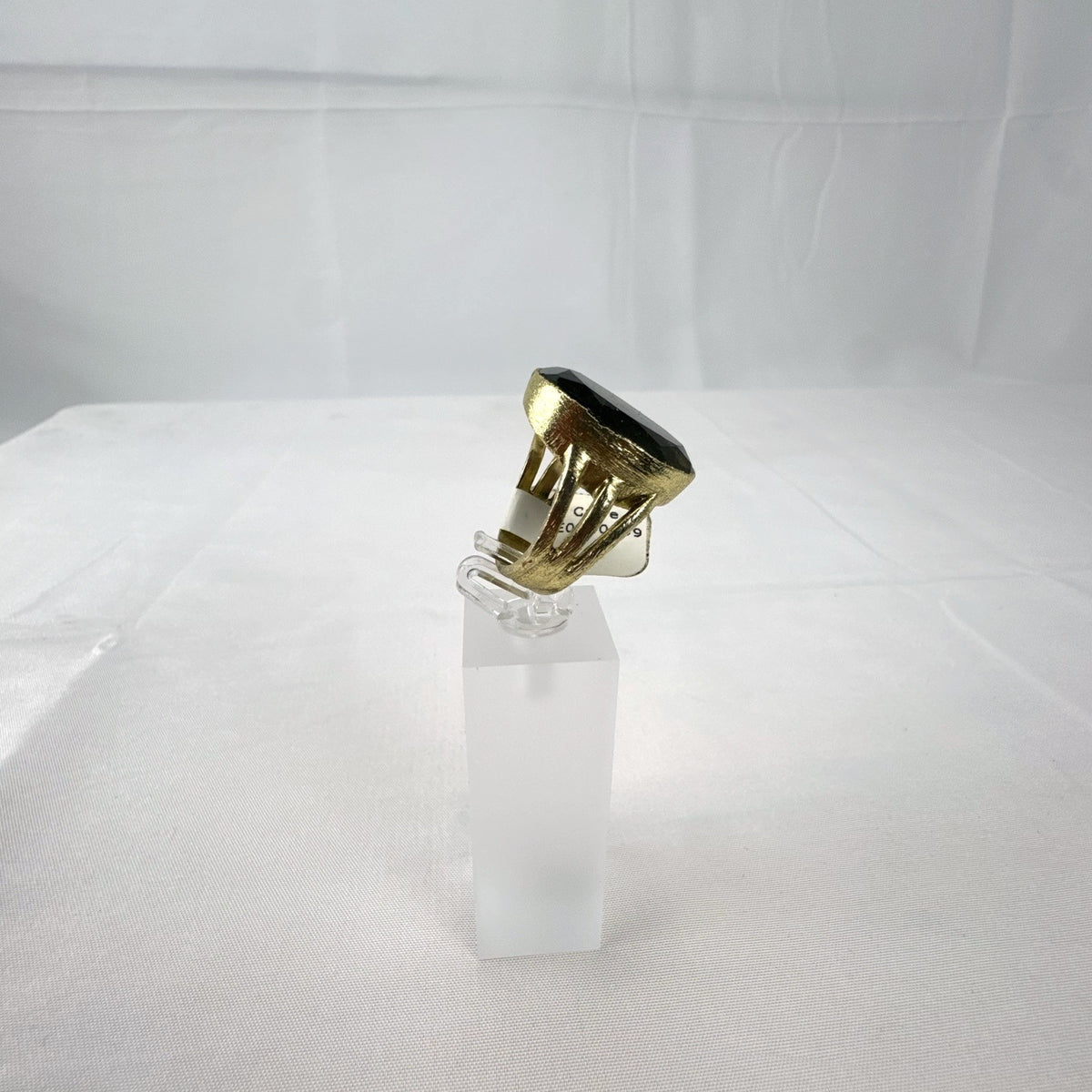 Betty Carré 18k gold plated statement ring with faceted oval labradorite stone and triple split shank in size 7