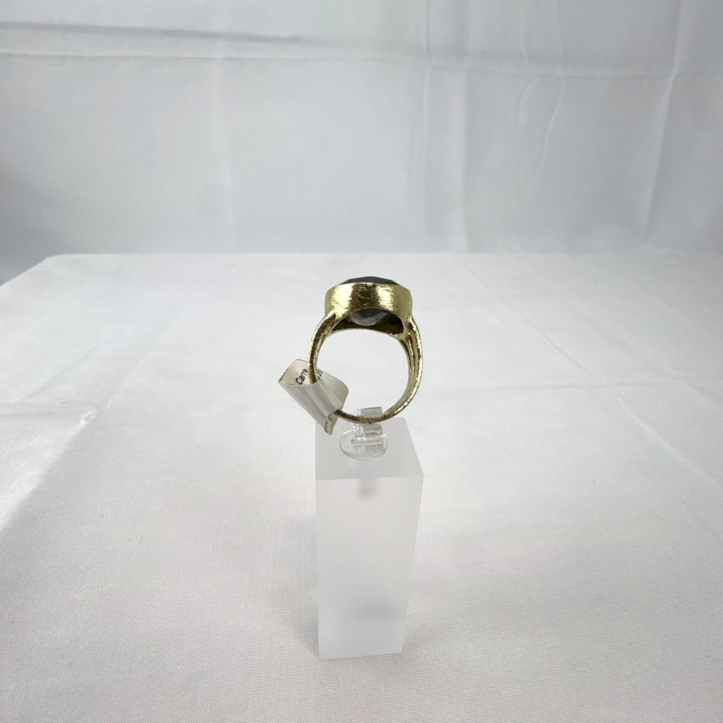 Betty Carré 18k gold plated statement ring with faceted oval labradorite stone and triple split shank in size 7