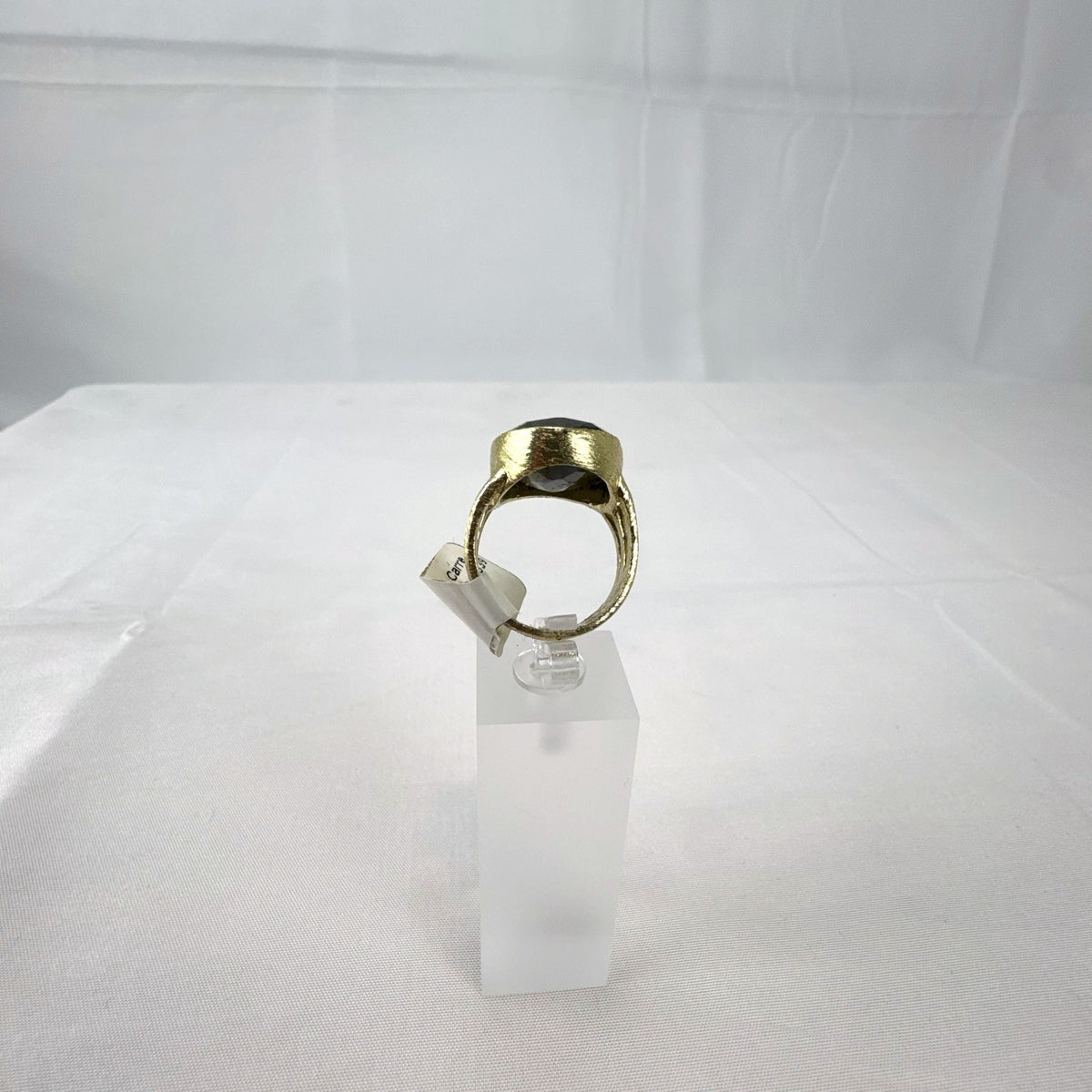 Betty Carré 18k gold plated statement ring with faceted oval labradorite stone and triple split shank in size 7