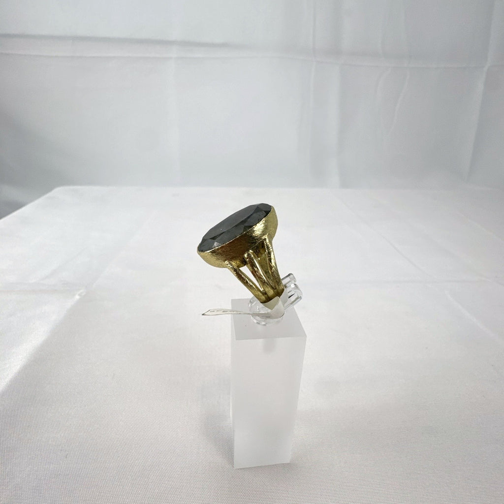 Betty Carré 18k gold plated statement ring with faceted oval labradorite stone and triple split shank in size 7