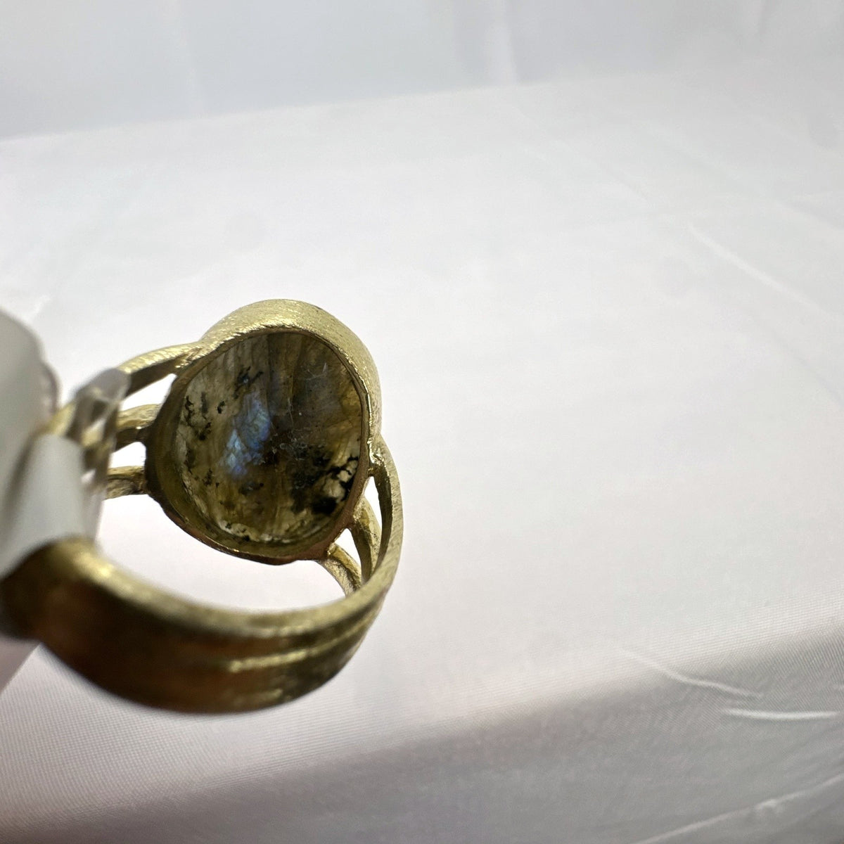 Betty Carré 18k gold plated statement ring with faceted oval labradorite stone and triple split shank in size 7