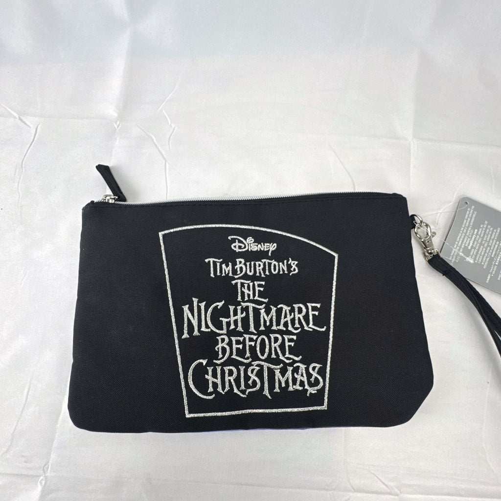 New Disney The Nightmare Before Christmas small black cosmetic pouch featuring character artwork and a wrist strap
