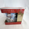 Greenbrier 14 oz blue ceramic holiday coffee mug featuring a bundled winter penguin design in original box